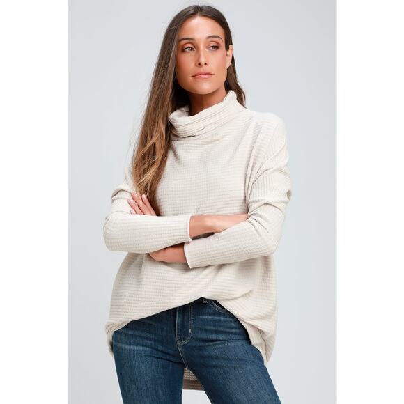 Free People Kitty‎ Beige Cowl Neck Oversized Thermal Top XS Cream Neutral - Picture 1 of 8